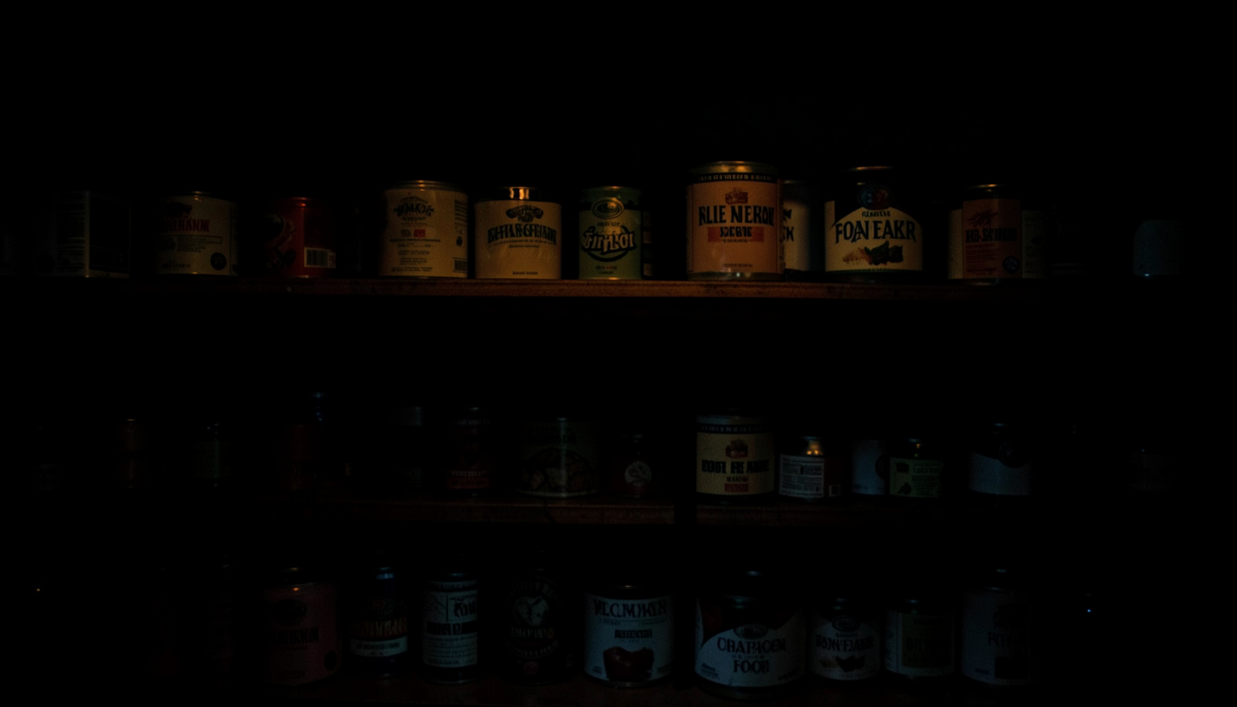Dark, low-key photograph of a community food pantry shelf with canned goods in deep shadow, warm amber tones highlighting the labels